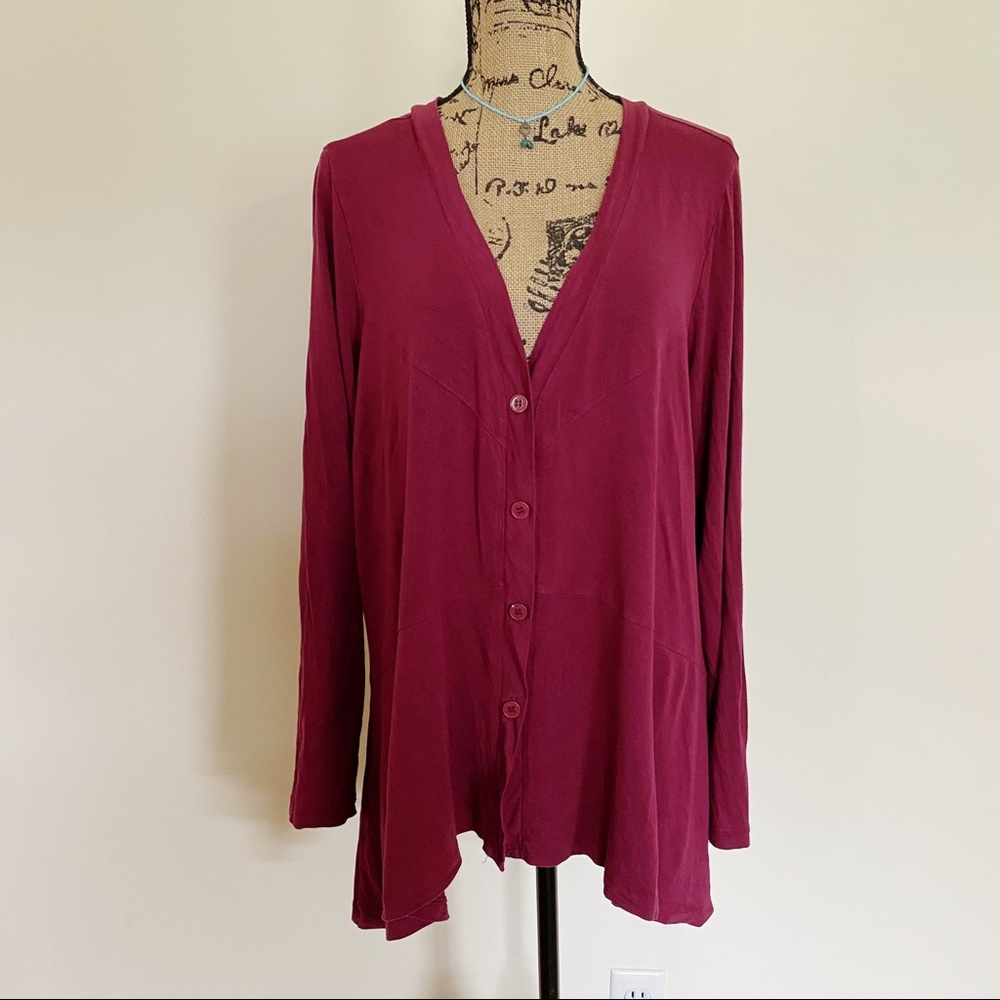 Cable & Gauge Woman Size 1X Burgundy Long Sleeve Button Down V Neck Cardigan